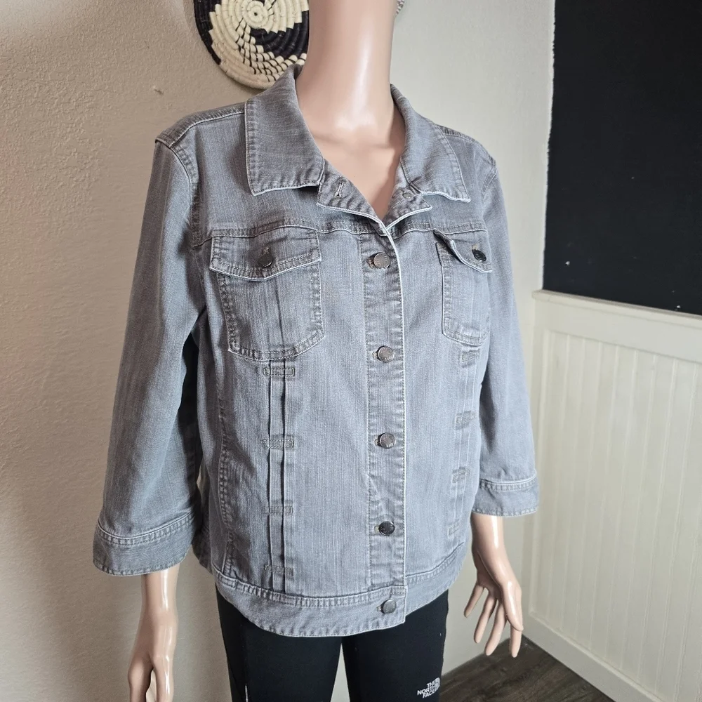 J Jill Denim Jacket Women's Xl Cotton Stretch Gray Button 3/4 Sleeve - Picture 9 of 11